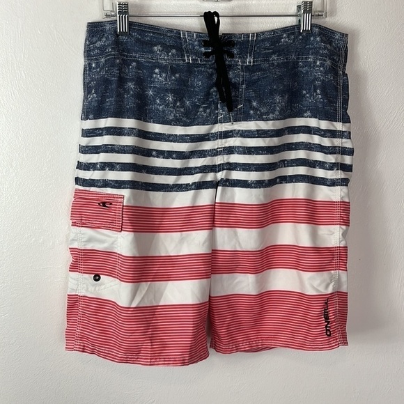 O'Neill Cargo Shorts Men's Size‎ 32 Red White Blue Lace Up Patriotic Inseam 10" - Picture 10 of 13